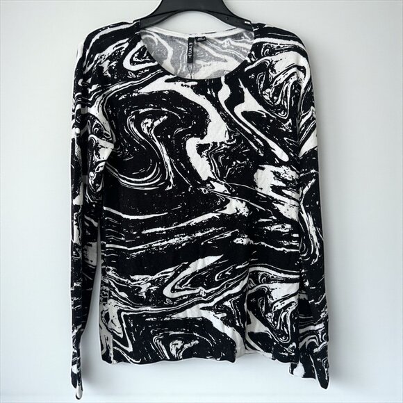 Ethyl Marble Swirl Print Long Sleeve Top Black White Abstract Knit NWT Small - Picture 1 of 4
